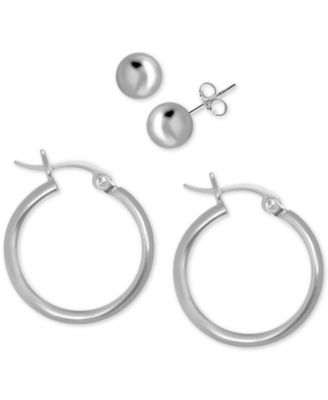 Essentials - 2-Pc. Set Ball Stud Earrings & Polished Hoop Earrings in Fine Silver Plate