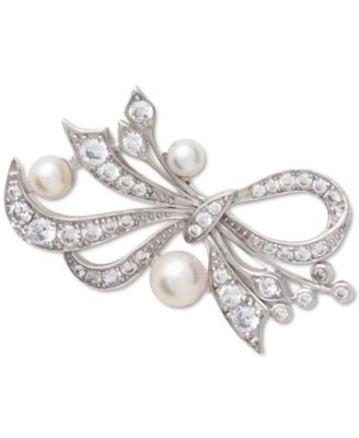 Macy's - Cultured Freshwater Pearl (4-6mm) & Cubic Zirconia Ribbon Bow Pin in Sterling Silver
