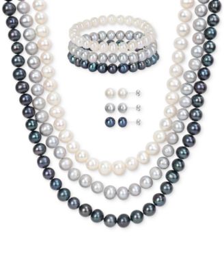 Macy's - 7-Pc. Set White, Black, & Gray Cultured Freshwater Pearl (7-1/2 - 8mm) Necklace, Bracelets, & Stud Earrings
