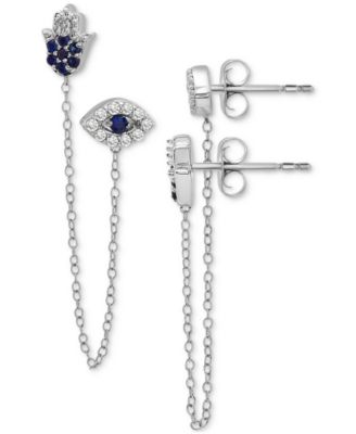 Macy's - Lab-grown Blue Sapphire (1/4 ct. t.w.) & Lab-grown White Sapphire (1/4 ct. t.w.) Evil Eye & Hamsa Hand Double Pierced Chain Earrings in Sterling Silver