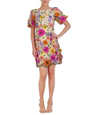 Eliza J - Petite 3D-Floral Puff-Sleeve Mini Dress