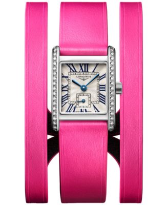 Longines - Women's Swiss Mini Dolcevita Diamond (3/8 ct. t.w.) Pink Three-Row Leather Strap Watch 29mm