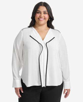 DKNY - Plus Size Contrast-Trim Long-Sleeve Blouse