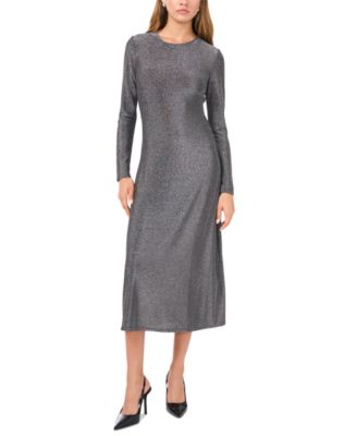 1.STATE - Women's Round-Neck Long-Sleeve Metallic Midi Dress
