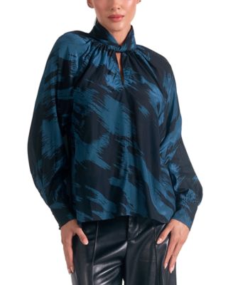 Elan - Women's Printed Twisted Mock-Neck Blouse
