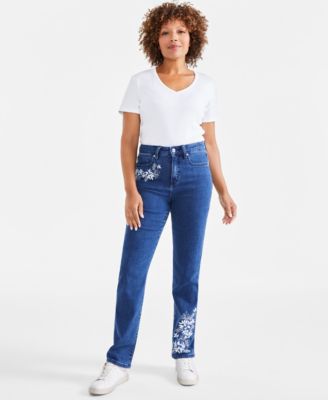 Style & Co - Women's High-Rise Straight-Leg Floral-Embroidered Jeans