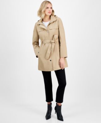 London Fog - Women's Zip-Front Hooded Belted Trench Coat