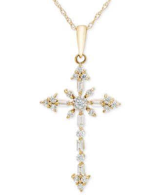 Macy's - Diamond Round & Baguette Ornate Cross 18" Pendant Necklace (1/4 ct. t.w.) in 14k Two-Tone Gold