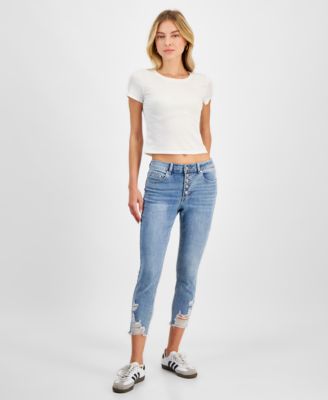 Indigo Rein - Juniors' Mid Rise Button Fly Distressed Cropped Curvy Jeans