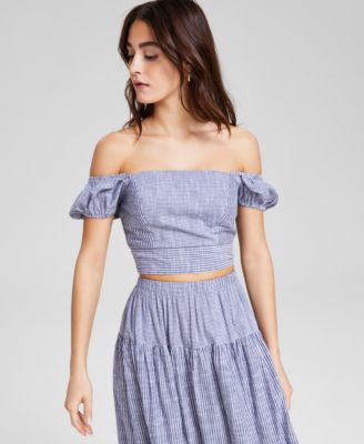 And Now This - Women's Off-the-Shoulder Striped Smocked-Back Puff-Sleeve Top