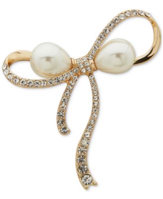 Anne Klein - Gold-Tone Imitation Pearl & Crystal Pav&eacute; Ribbon Bow Pin