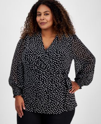 Anne Klein - Plus Size Printed Smocked-Cuff Wrap Top