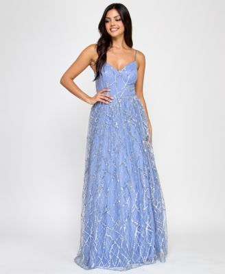 Say Yes - Juniors' Glitter-Tulle Lace-Up V-Neck Gown