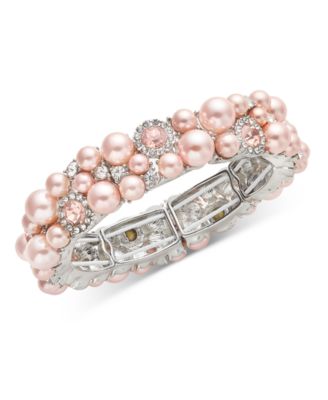 Charter Club - Silver-Tone Pink Imitation Pearl & Crystal Stretch Bracelet