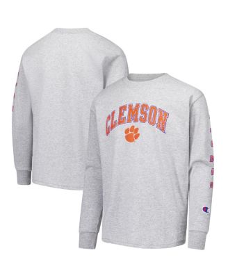 Champion - Big Boys and Girls Gray Clemson Tigers Distressed Arch Over Logo Long Sleeve T-Shirt