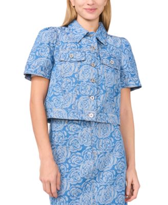 CeCe - Women's Short-Sleeve Floral Denim Jacket