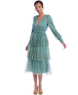 Jewel Badgley Mischka - Women's Metallic Tiered Midi Dress