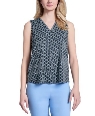 Jones New York - Women's Printed V-Neck Sleeveless Pleat-Front Top