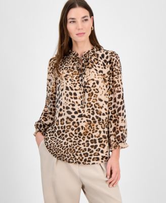 Bar III - Women's Animal-Print Ruffled Tie-Neck Blouse