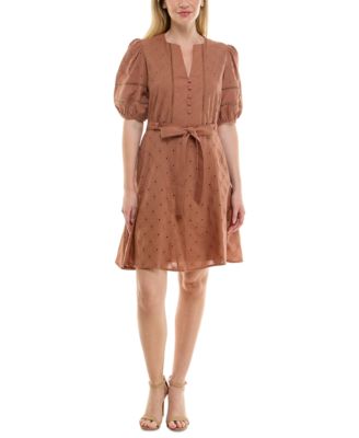 Taylor - Women's Cotton Eyelet Puff-Sleeve Fit & Flare Dress