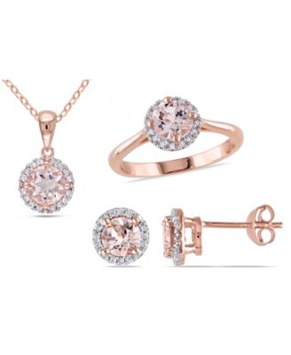 Macy's - Morganite (2-5/8 ct. t.w.) and Diamond (1/4 ct. t.w.) Halo 3-Piece Necklace, Earrings and Ring Set in Rose Gold Over Silver