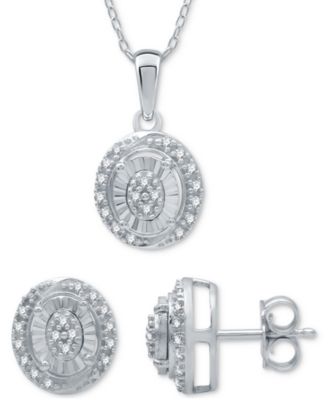 Macy's - 2-Pc. Set Diamond (1/6 ct. t.w.) Oval Cluster Pendant Necklace & Matching Stud Earrings in Sterling Silver