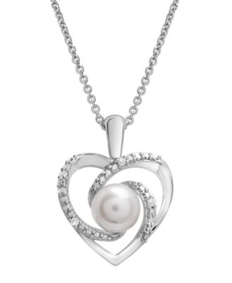Macy's - Cultured Freshwater Pearl (6mm) & Diamond Accent Swirl Heart 18" Pendant Necklace in Sterling Silver