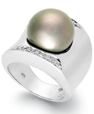 Macy's - Tahitian Pearl (13mm) and Diamond (1/8 ct. t.w.) Ring in Sterling Silver