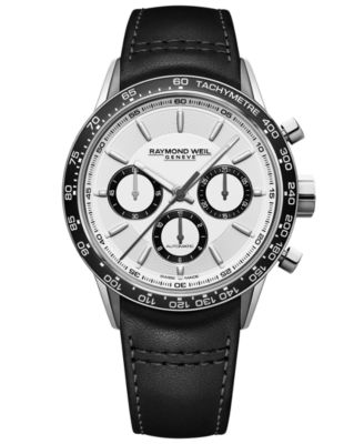 Raymond Weil - Men's Swiss Automatic Chronograph Freelancer Black Leather Strap Watch 43.5mm