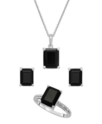 Macy's - 3-Pc. Set Onyx & Diamond Accent Pendant Necklace, Ring and Stud Earrings in Sterling Silver