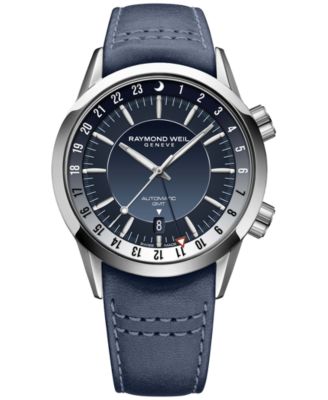 Raymond Weil - Men's Swiss Automatic Freelancer GMT Blue Leather Strap Watch 41mm