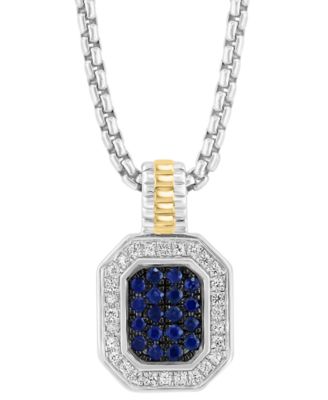 EFFY Collection - Men's Sapphire (7/8 ct. t.w.) & White Sapphire (1/4 ct. t.w.) 22" Halo Cluster 22" Pendant Necklace in Sterling Silver & 14k Gold-Plated