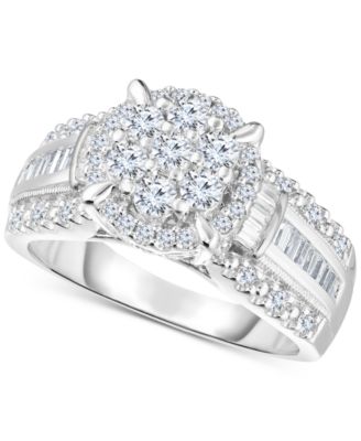 Macy's - Diamond Round & Baguette Halo Cluster Engagement Ring (1 ct. t.w.) in 14k White Gold