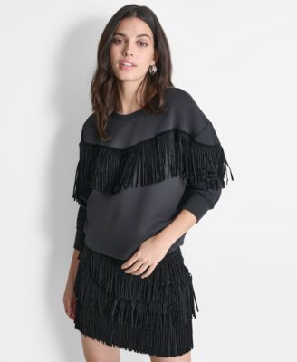DKNY - Women's Embellished-Fringe Long-Sleeve Crewneck Top