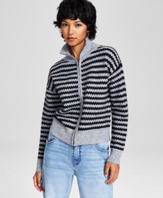 And Now This - Women's Scalloped-Stripe Full-Zip Cardigan
