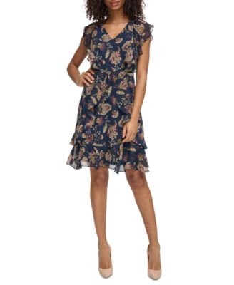 Tommy Hilfiger - Women's Printed Flutter-Sleeve Ruffle Dress