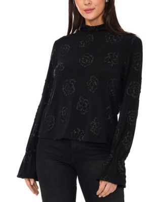 1.STATE - Women's Beaded Draped Mock Neck Blouse