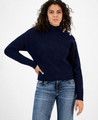 GUESS - Women's Zylee Button-Trim Mock-Neck Sweater
