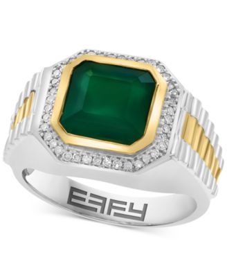 EFFY Collection - Men's Green Onyx & Diamond (1/5 ct. t.w.) Halo Ring in Sterling Silver & 18k Gold-Plate