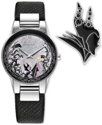 Citizen - Women's Disney Villains Maleficent's Charm Black Leather Strap Watch 30mm Boxed Set