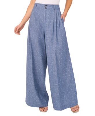 CeCe - Women's Cotton Pleated Flared Wide-Leg Pants