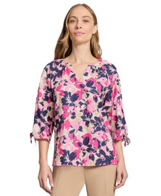 Jones New York - Women's Kelly Floral-Print Linen-Blend Blouse