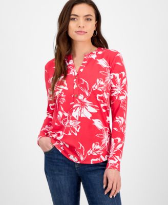 I.N.C. International Concepts - Petite Floral Button-Placket Top