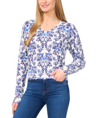 CeCe - Women's Floral V-Neck Long-Sleeve Sweater