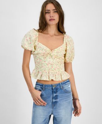 Kingston Grey - Juniors' Printed Sweetheart-Neck Puff-Sleeve Top