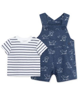 Little Me - Baby Boys Cotton Striped T-Shirt & Puppy Shortall, 2 Piece Set