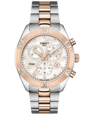 Tissot - Women's Swiss Chronograph T-Classic PR 100 Diamond (1/20 ct. t.w.) Two-Tone PVD Stainless Steel Bracelet Watch 38mm