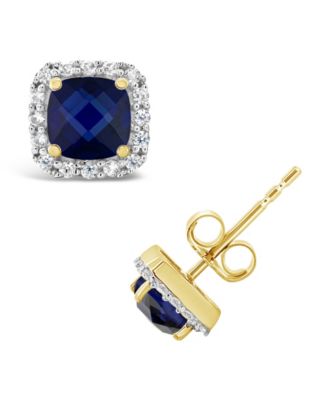 Macy's - Lab Grown Gemstone and Lab Grown White Sapphire (1/5 ct. t.w.) Halo Stud Earrings in 10k Yellow Gold
