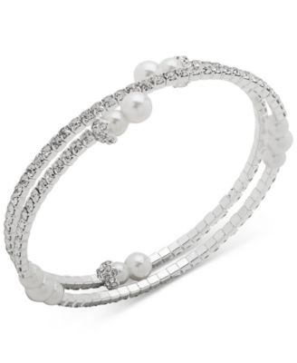 Anne Klein - Silver-Tone Imitation Pearl & Crystal Coil Bracelet