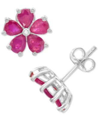 Macy's - Lab-Grown Ruby (3-1/8 ct. t.w.) & Diamond Accent Flower Stud Earrings in Sterling Silver